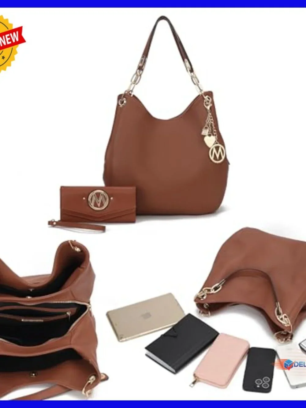 Large Vegan Leather Hobo Bag with Wristlet, 3 Compartments, 11